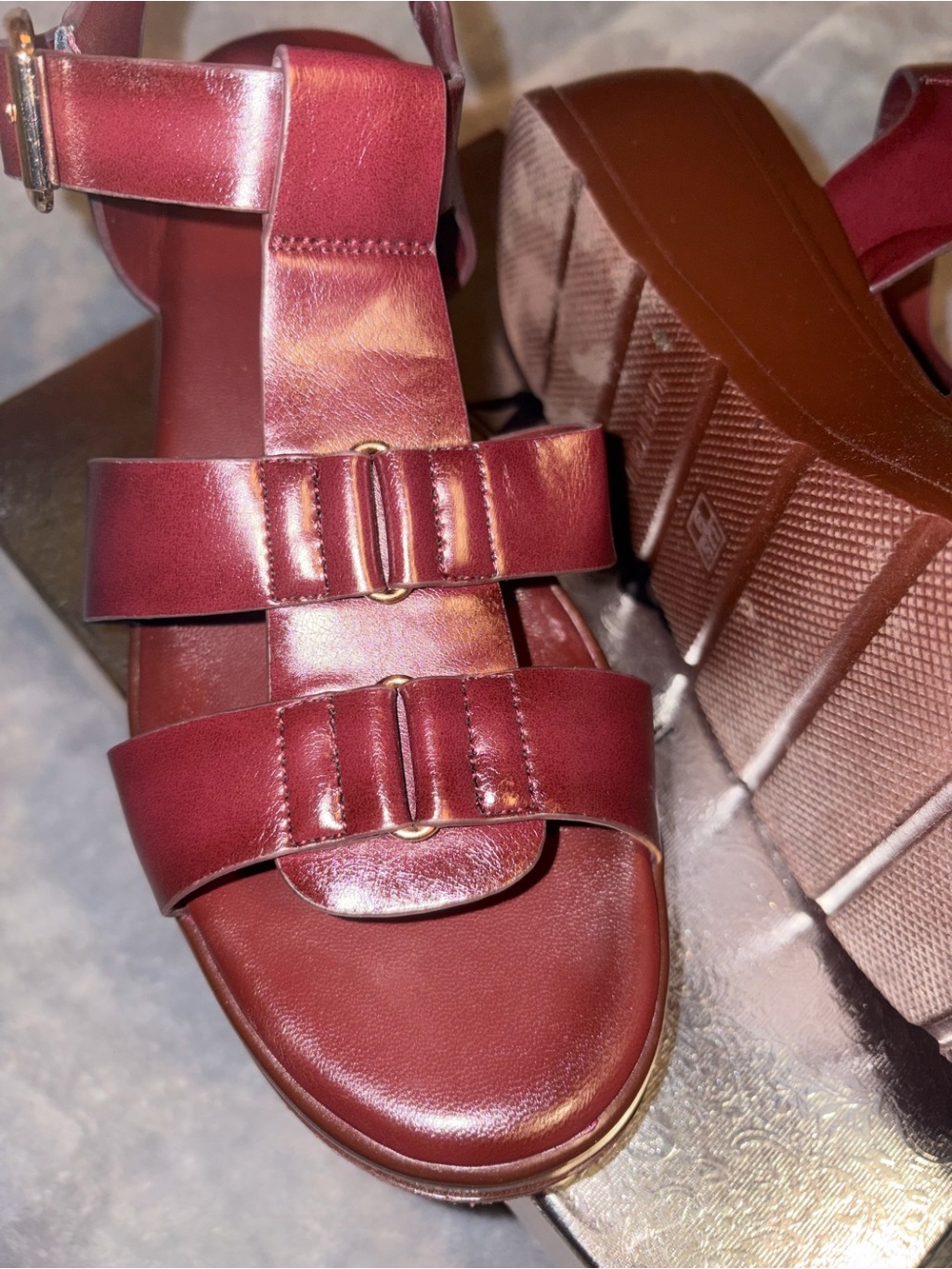 Abbleet Burgundy Wine Platform Wedge Sandals Women’s Size 9 Strappy - Picture 2 of 14